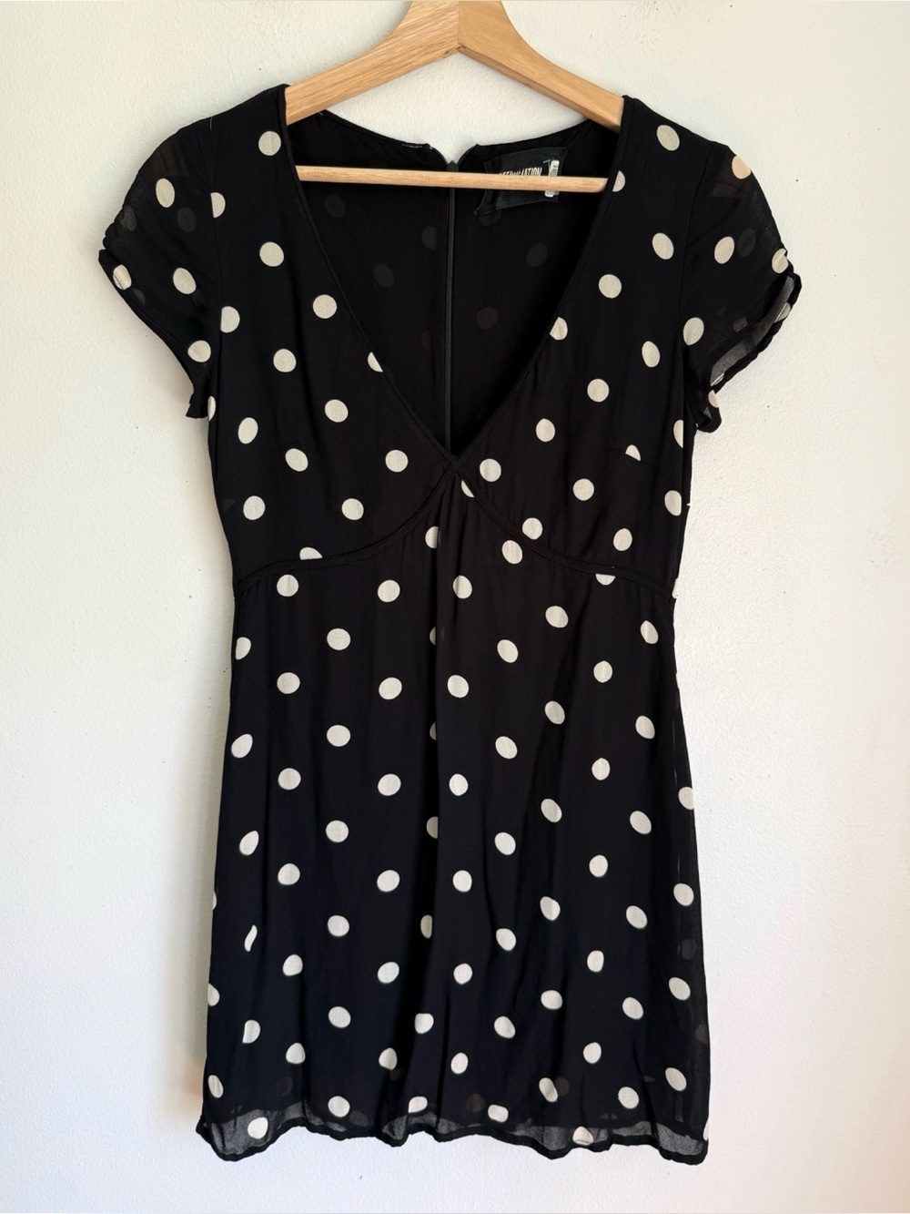 Reformation Polka Dot V Neck Mini Dress Short Sleeve in Black - Picture 2 of 6